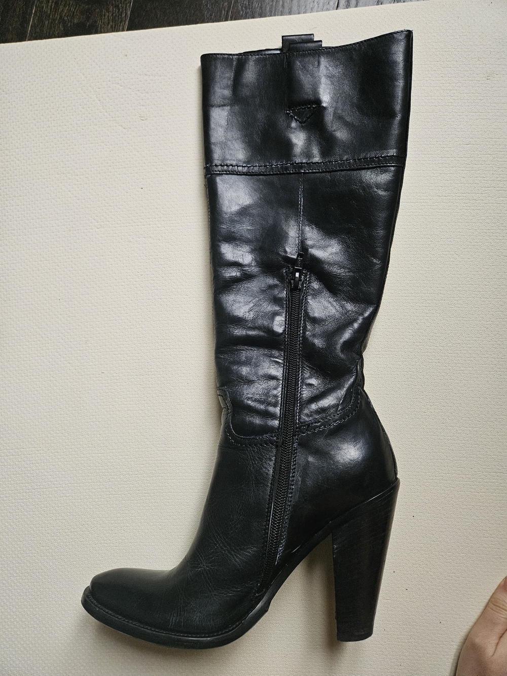 Women's Black Leather High Heel Knee Boot with Side Zip